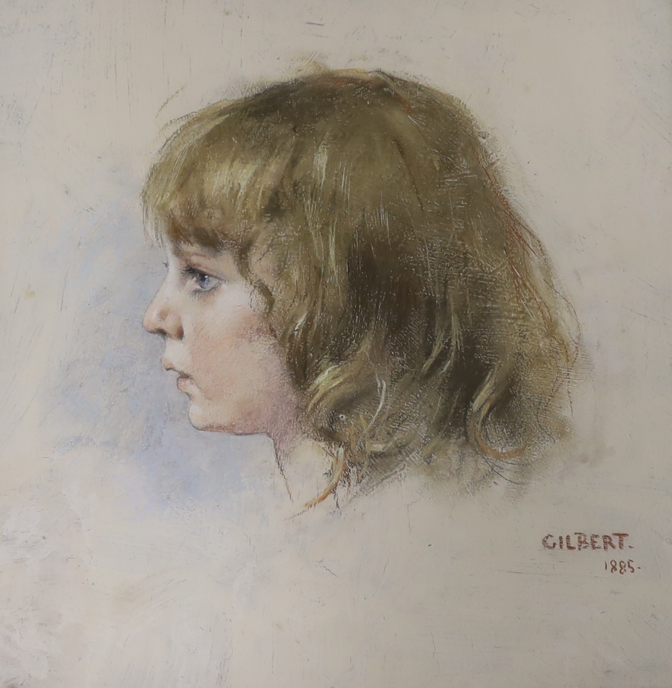 Rene Joseph Gilbert (French, 1857-1914), pastel and oil on board, Head study of a young girl, signed and dated 1885, ER632 stencil verso, 37 x 35cm, ornate gilt framed